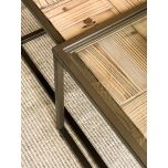 Glass and wood square coffee table with metal frame