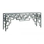 metal console with glass top and greenish metal base