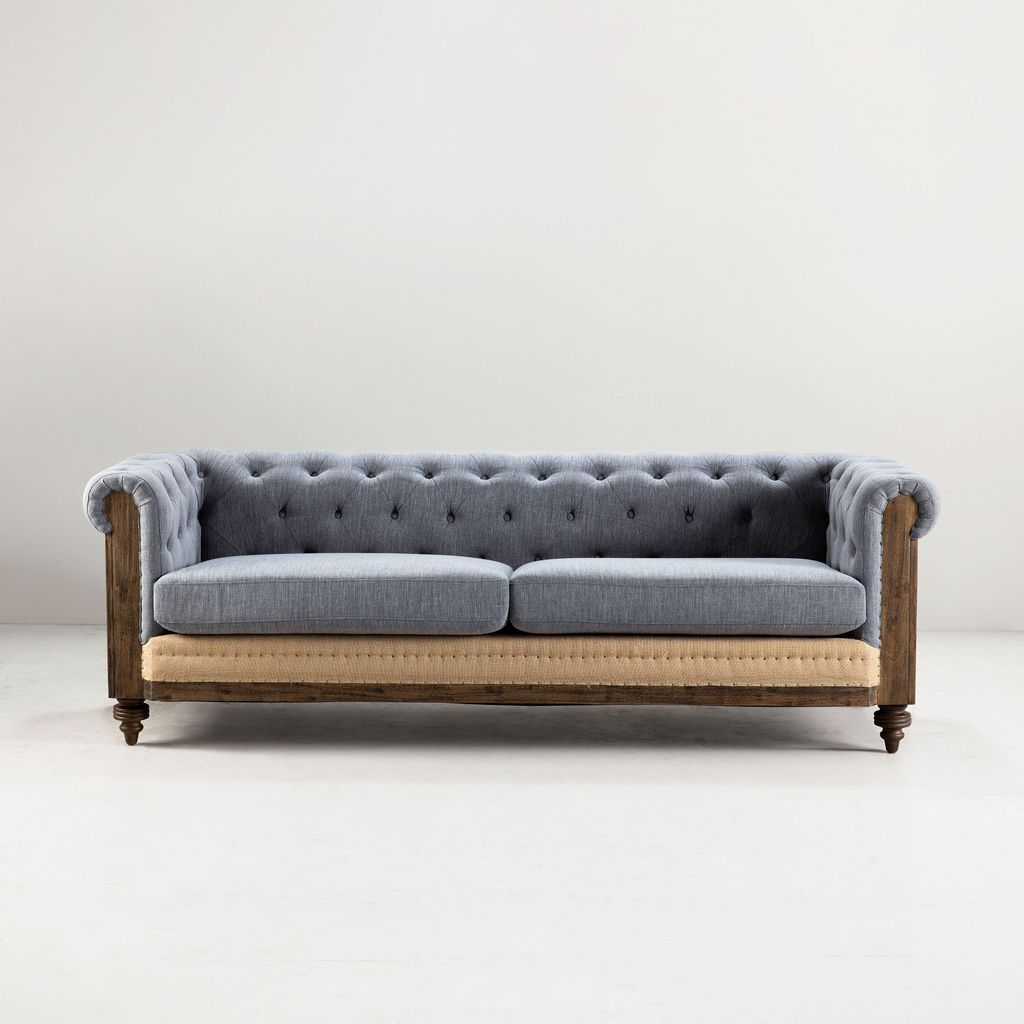 deconstructed chesterfield style sofa with wooden frame