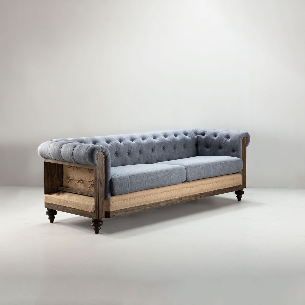 deconstructed chesterfield style sofa with wooden frame