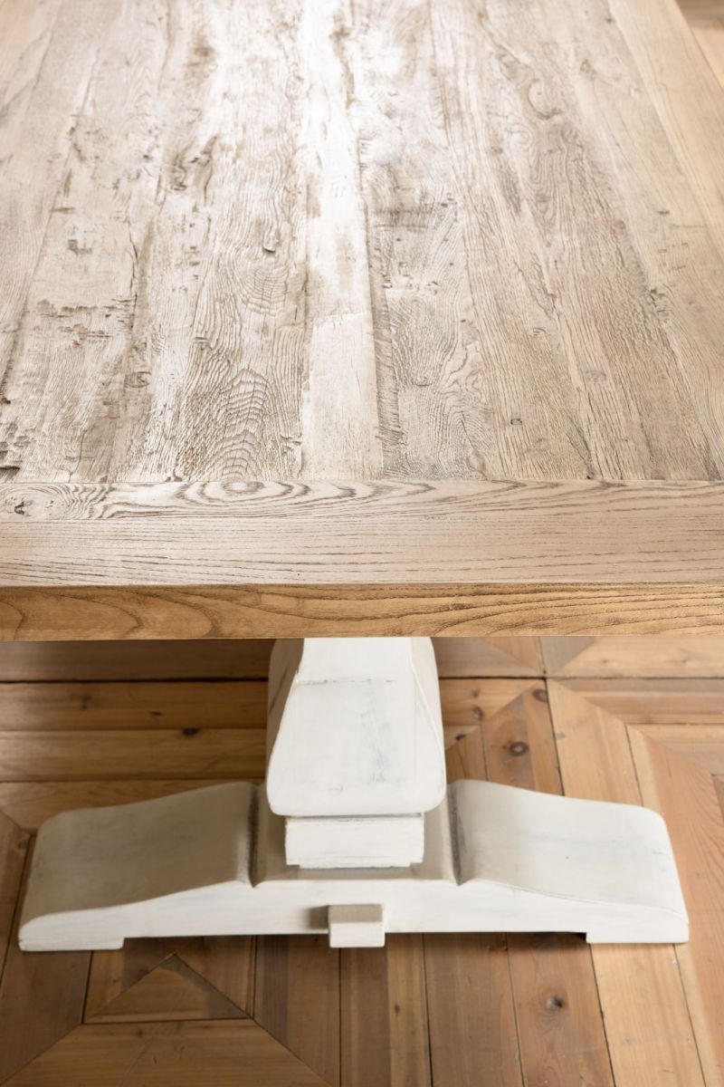 dining table with white base and old elm wood top