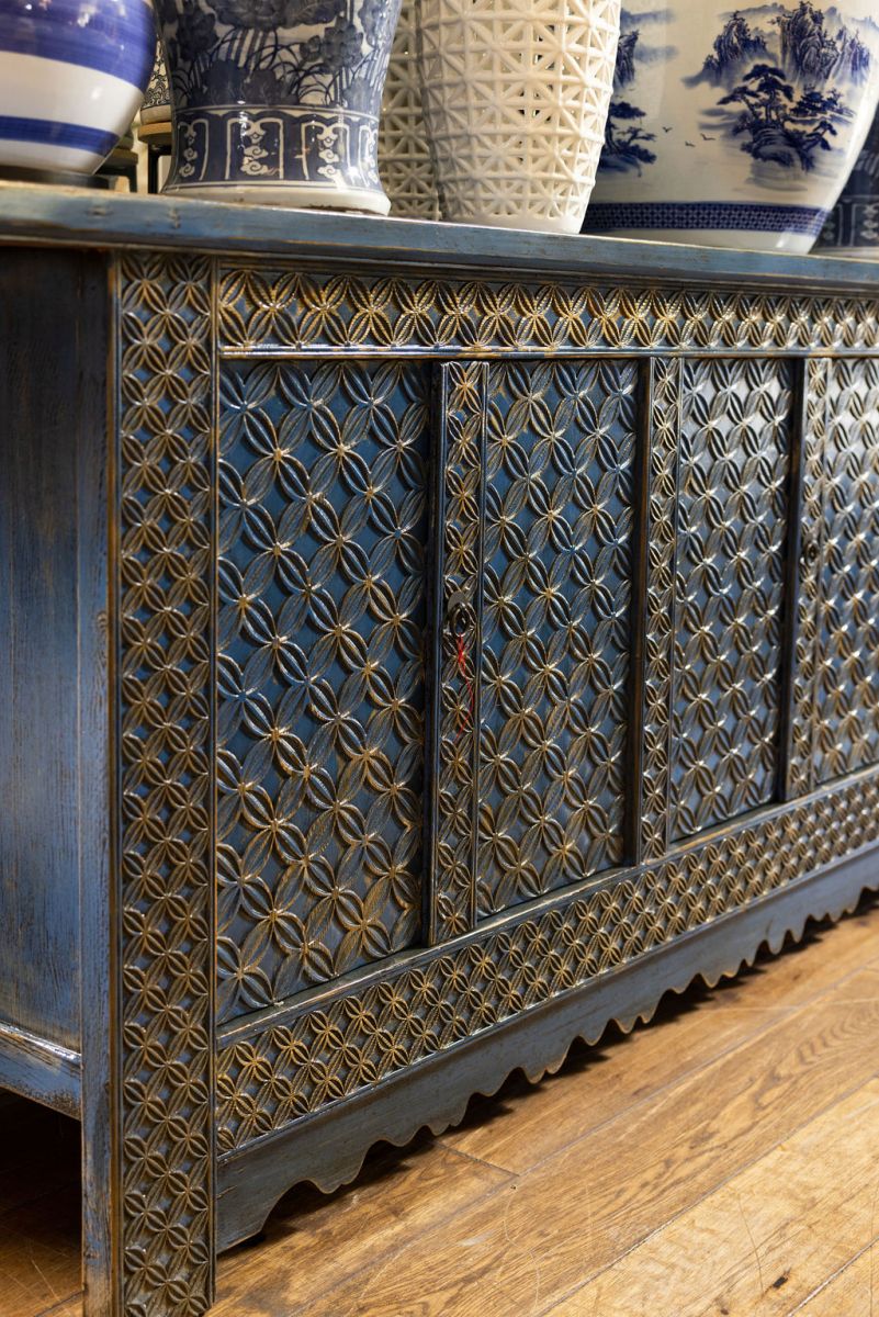 Chinese blue distressed sideboard with 6 doors