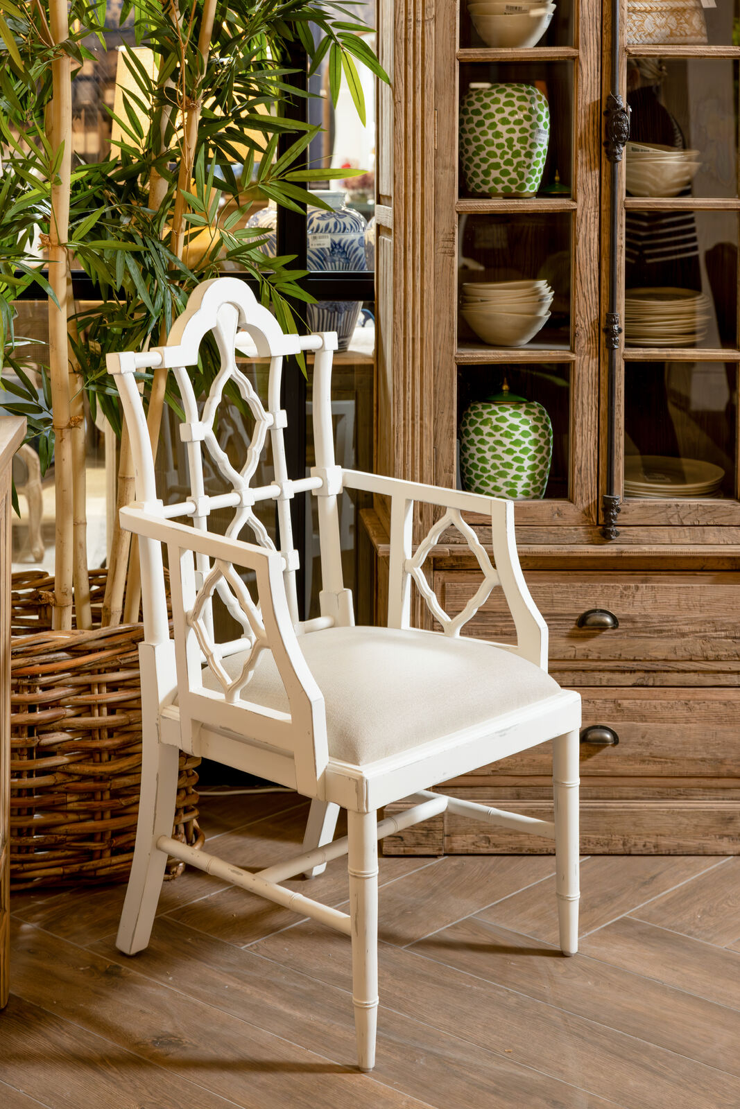 white painted armchair with beige seat