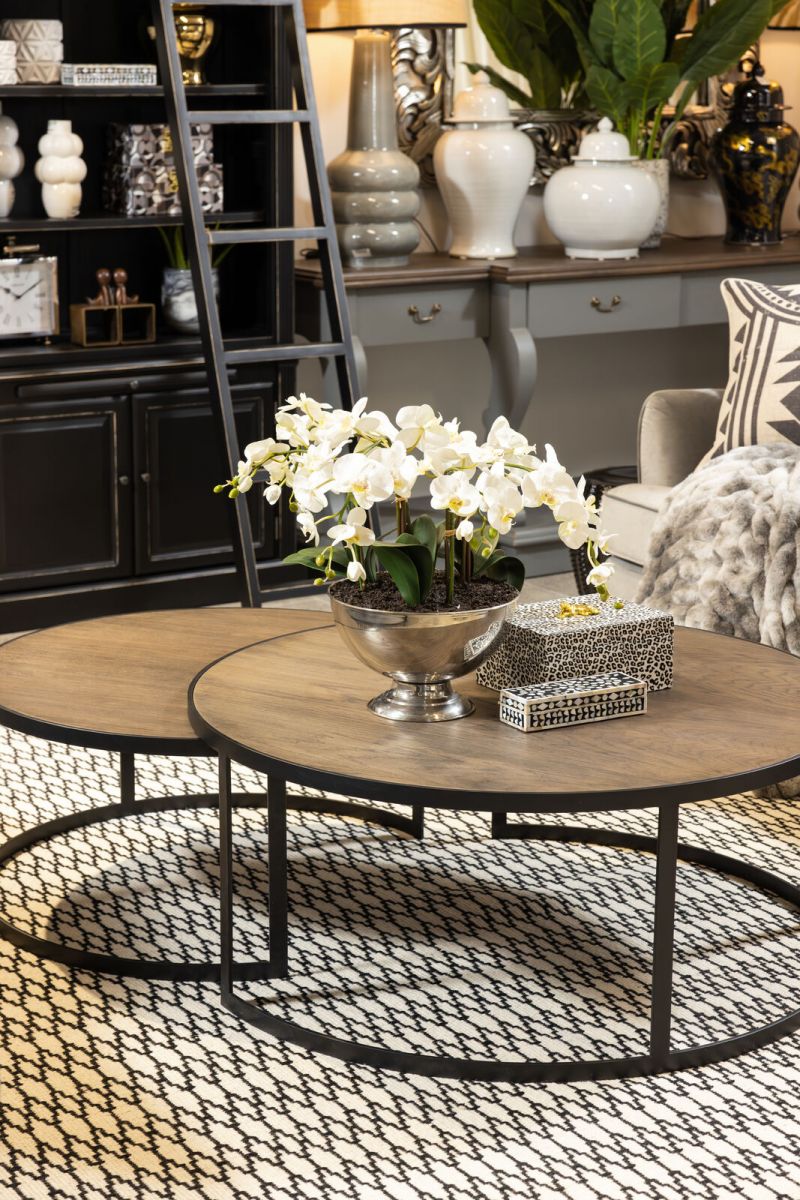 Block & Chisel round antique weathered oak nested coffee table with matt black base