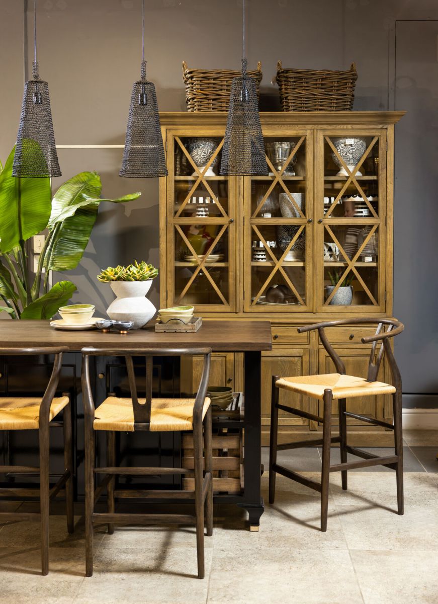 Oak display cabinet with 3 glass doors and drawers