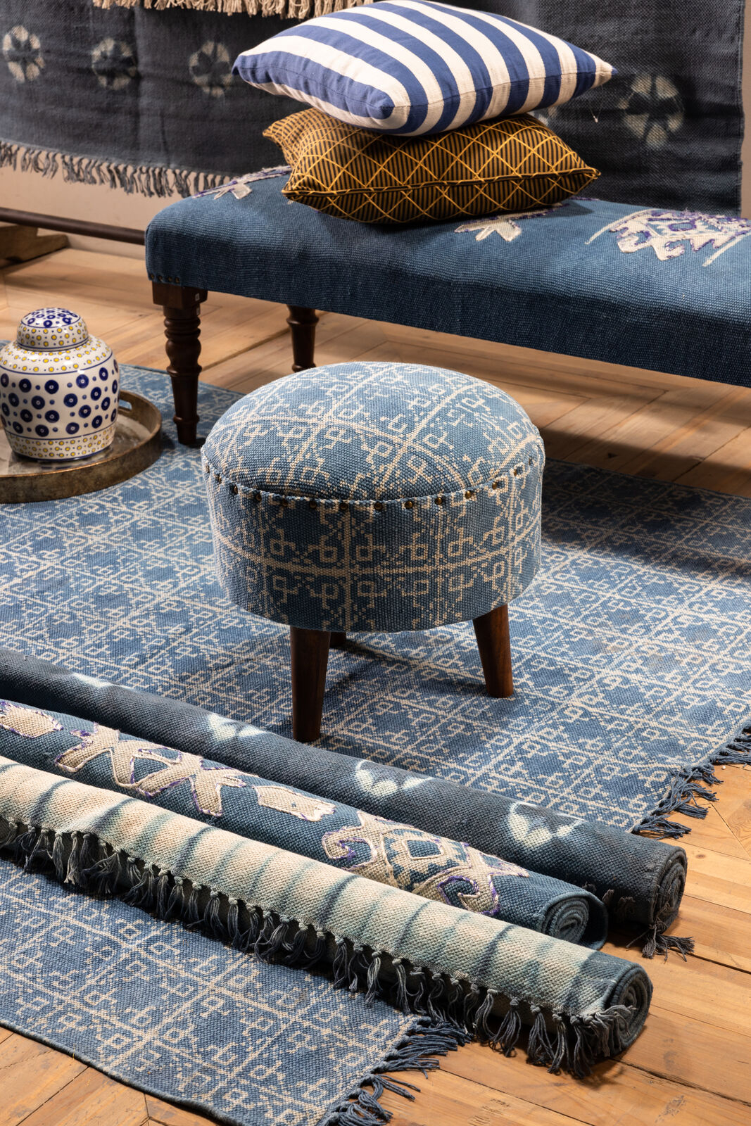 blue cotton rug with fringe 