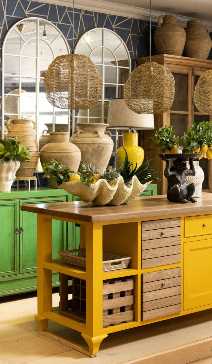 Toulouse kitchen island in yellow and weathered oak 