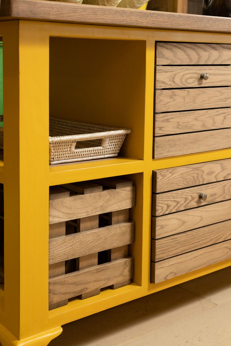 Toulouse kitchen island in yellow and weathered oak 