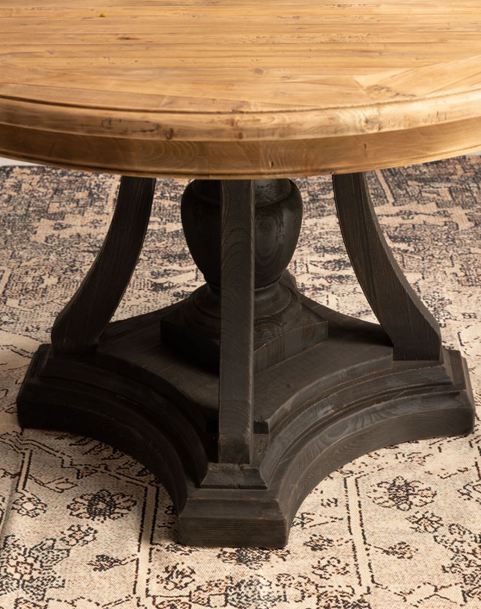 round dining table black base and natural top