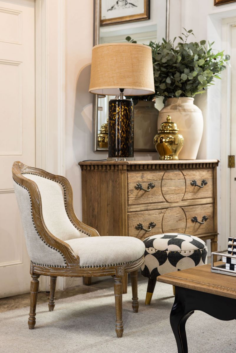 French chair with wooden frame and linen upholstery 