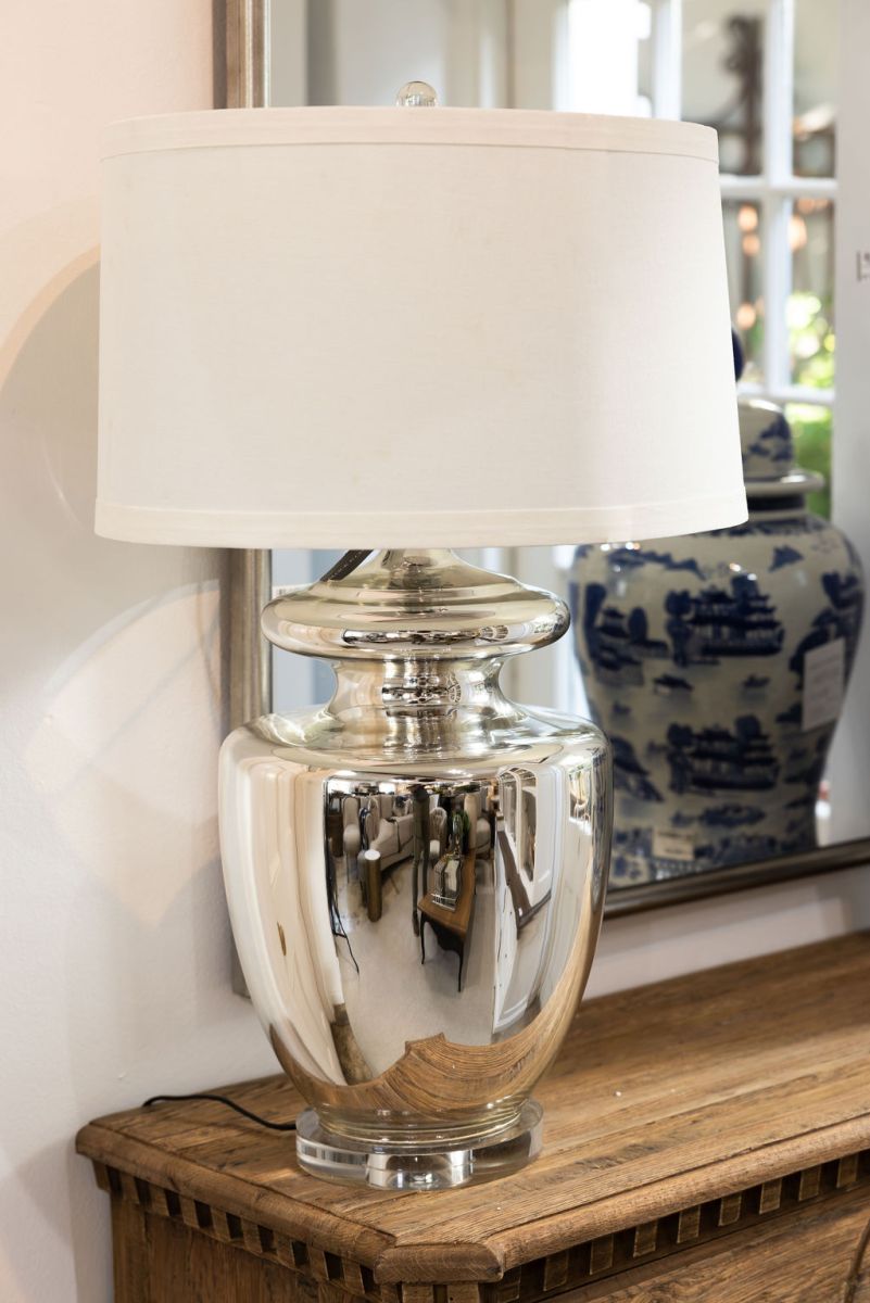 silver lamp base with white shade