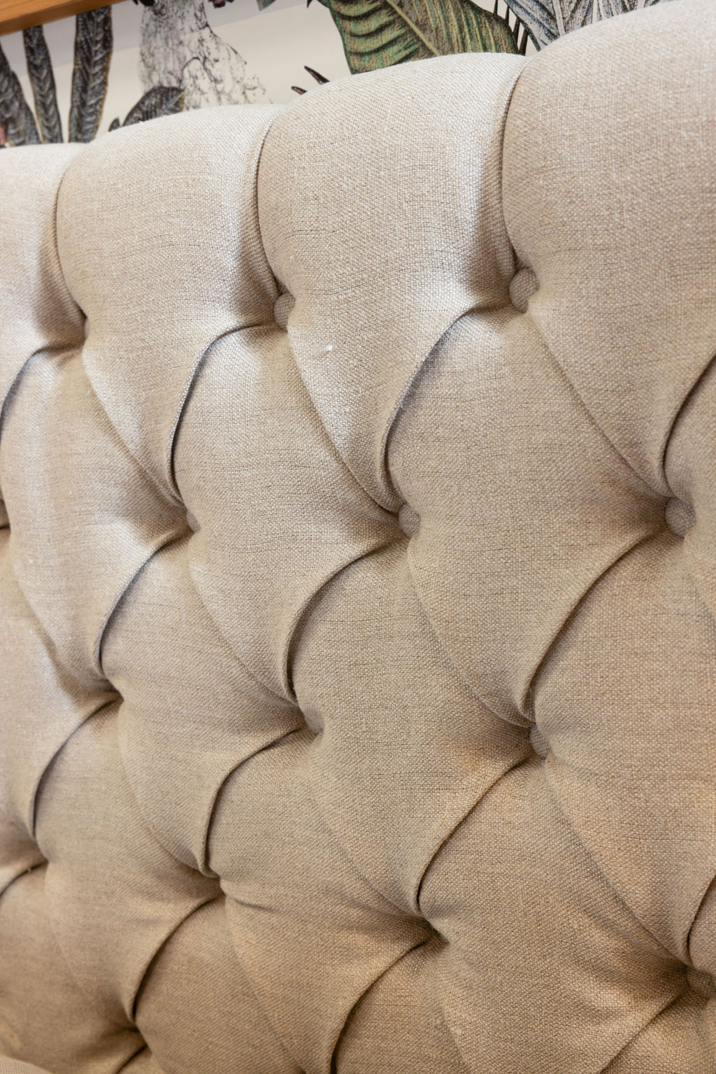 Block & Chisel button tufted beige linen upholstered queen size headboard Château Collection