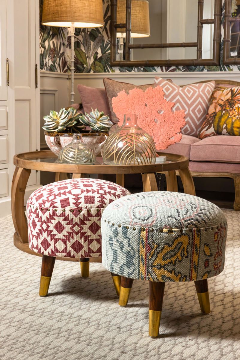 red and white round footstool