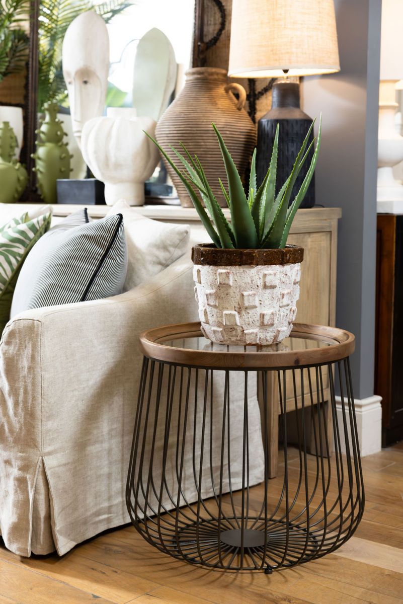 industrial caged side table with glass top