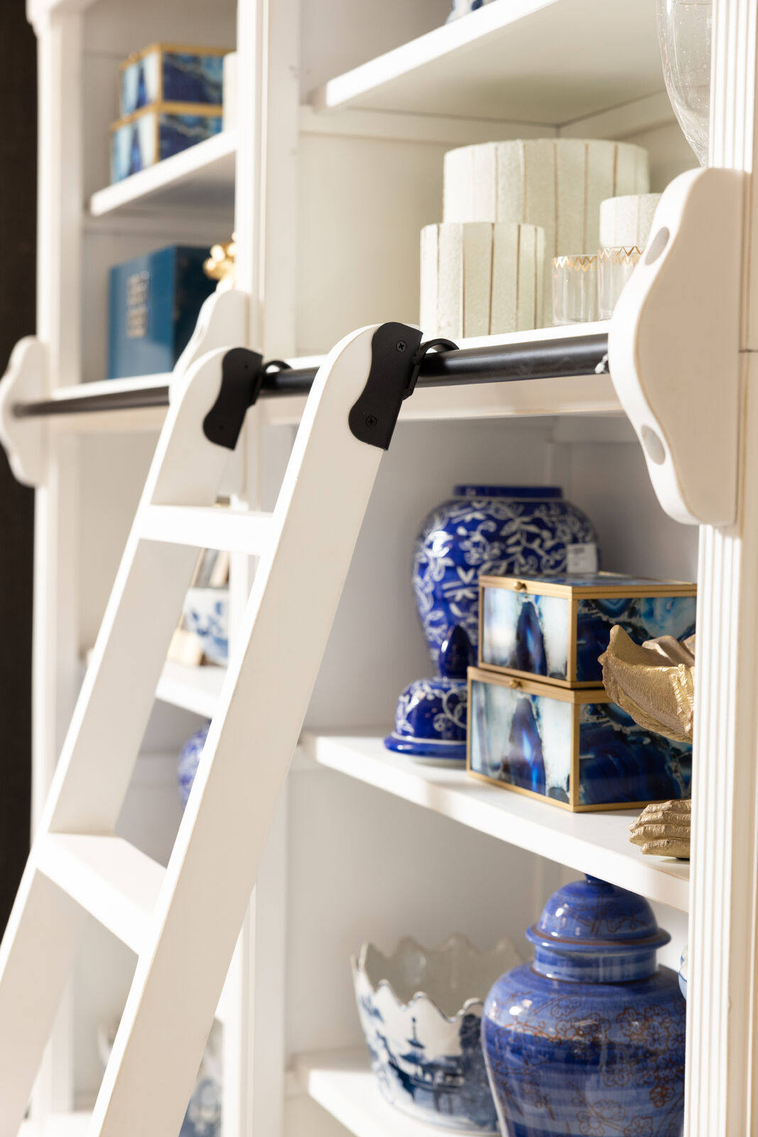 white bookcase with ladder in white 
