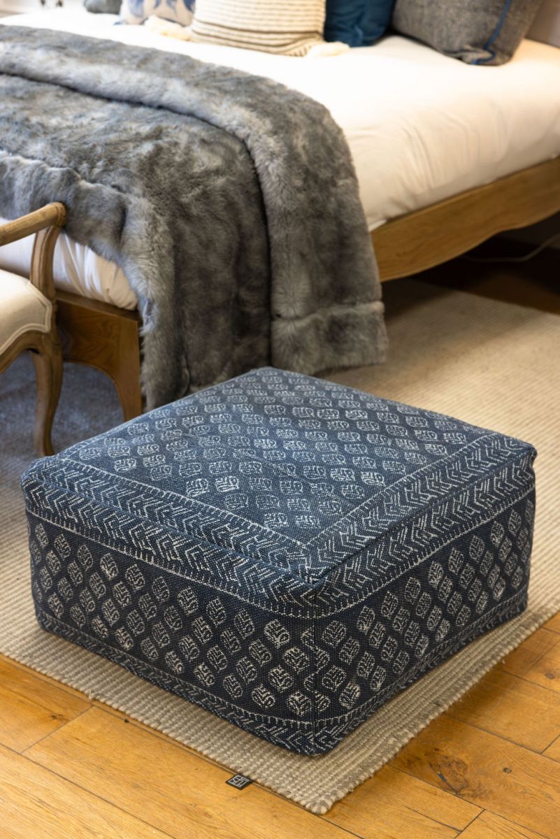 blue and white sqaure pouffe