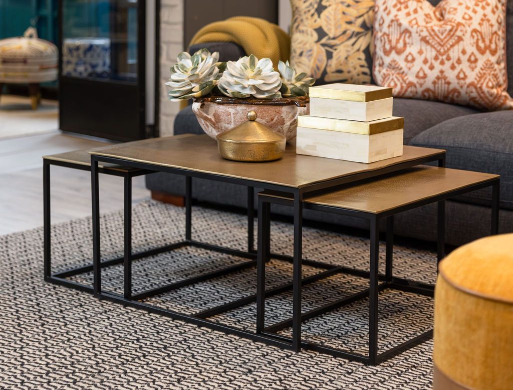 Nesting coffee tables metal with antique brass tops