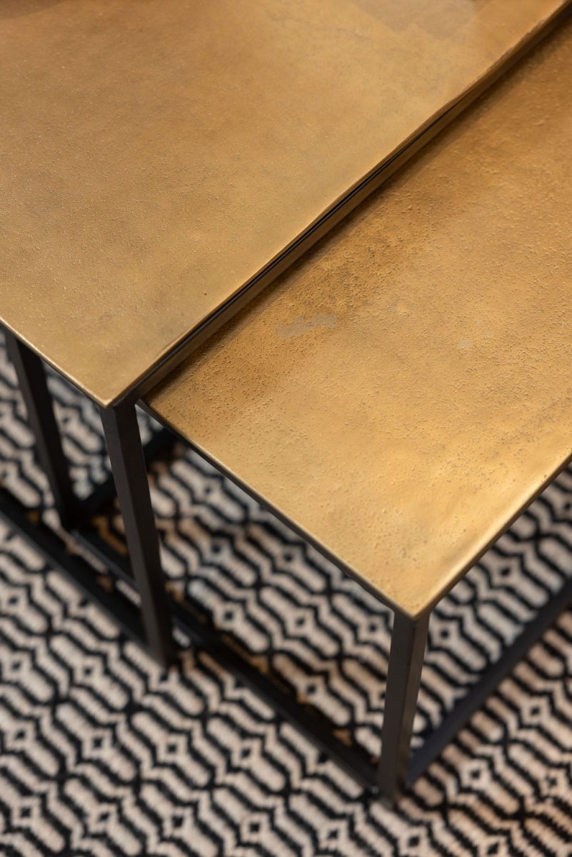 Nesting coffee tables metal with antique brass tops