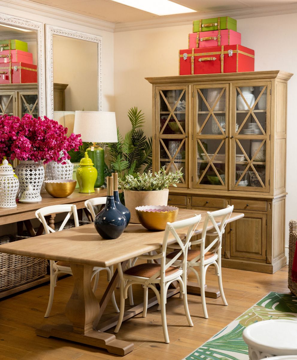 Oak display cabinet with 3 glass doors and drawers