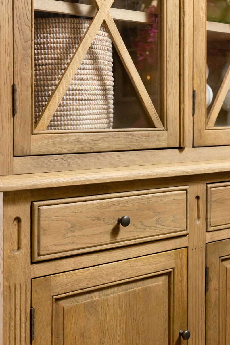 Oak display cabinet with 3 glass doors and drawers