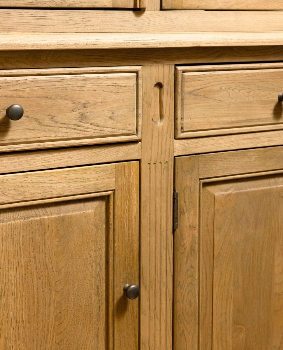 Oak display cabinet with 3 glass doors and drawers