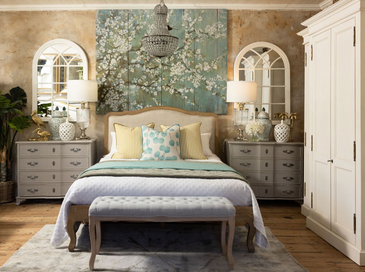 French style bed upholstered in linen King and queen