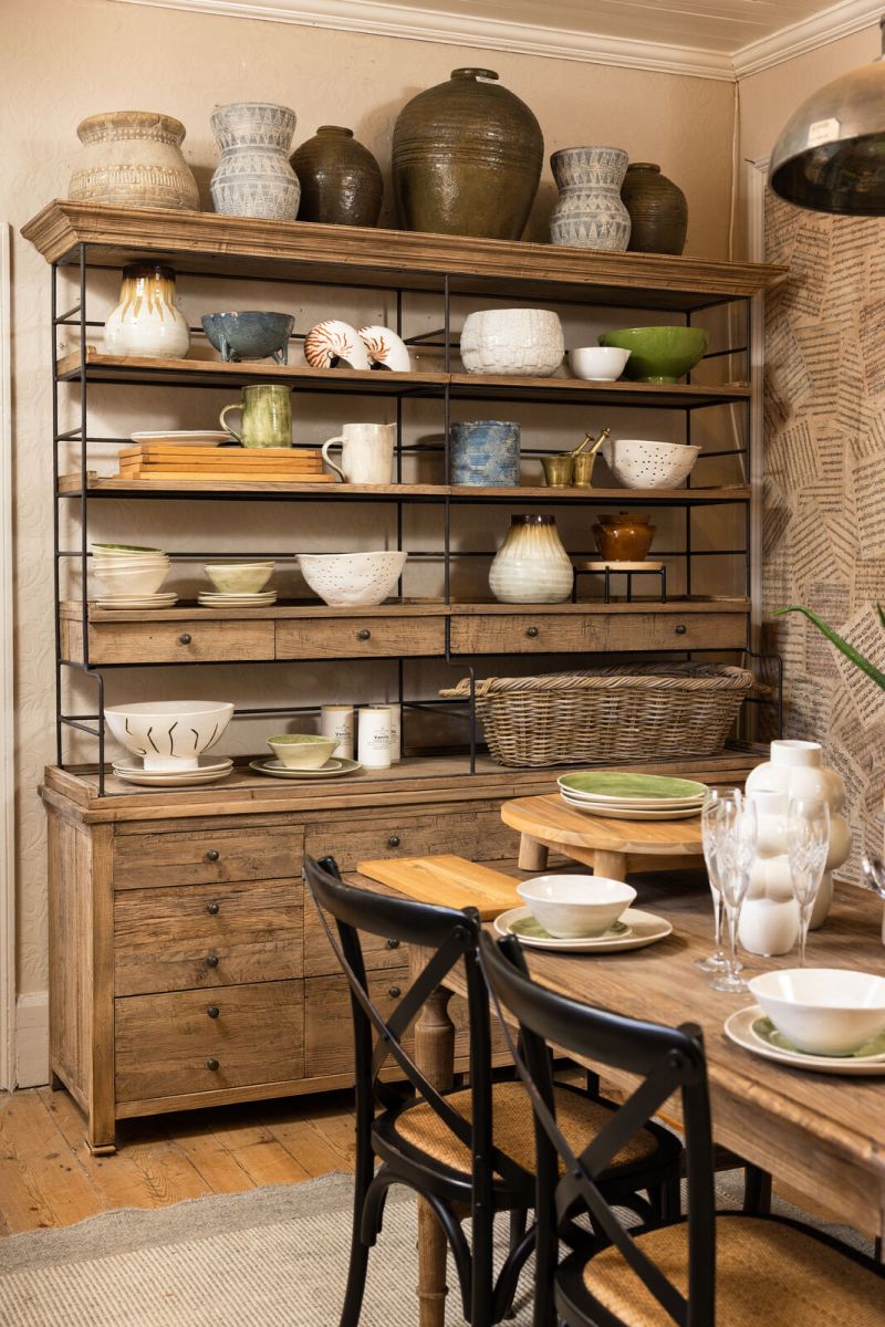 Elm and metal bookshelf with storage drawers