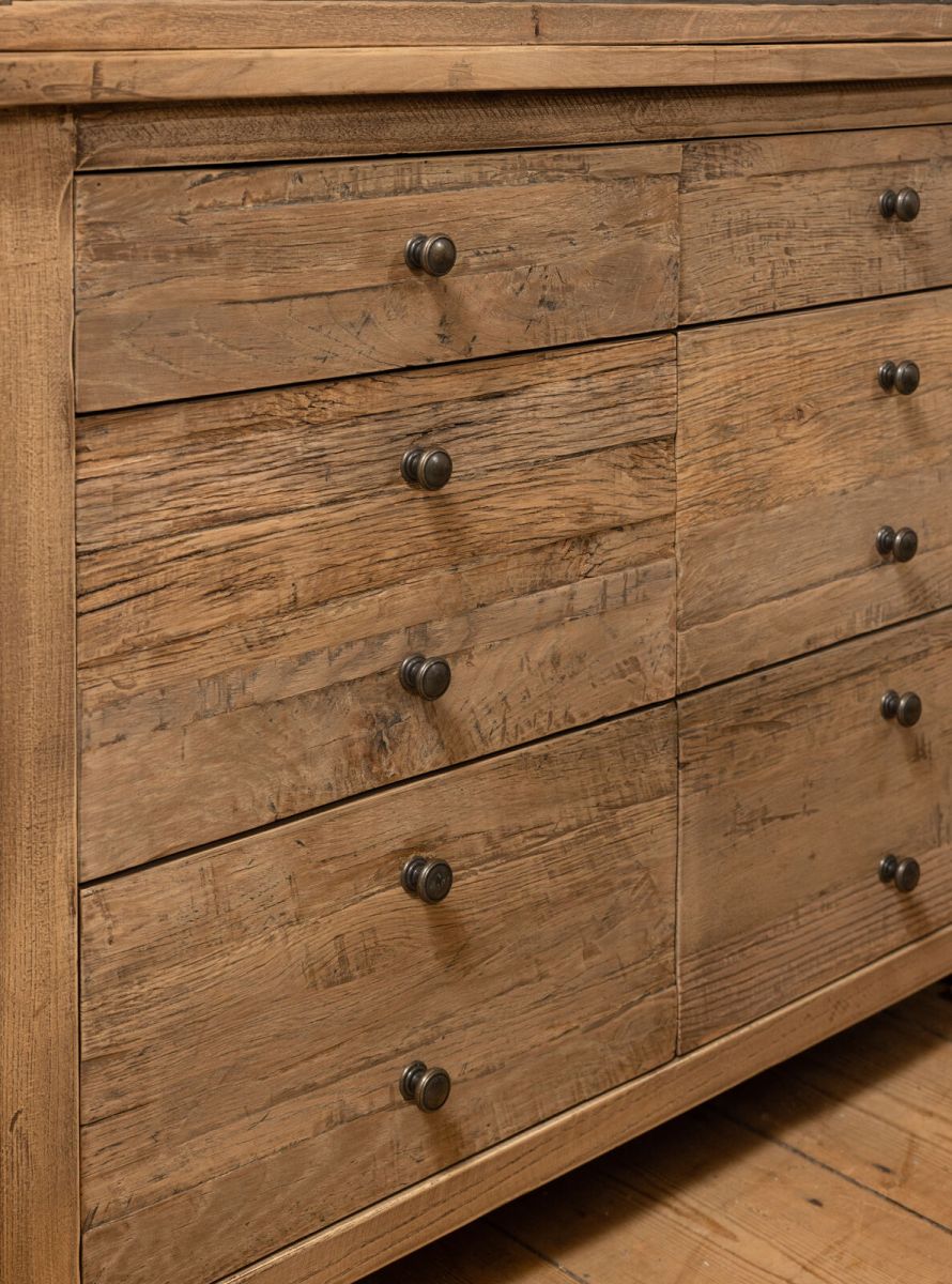 Elm and metal bookshelf with storage drawers