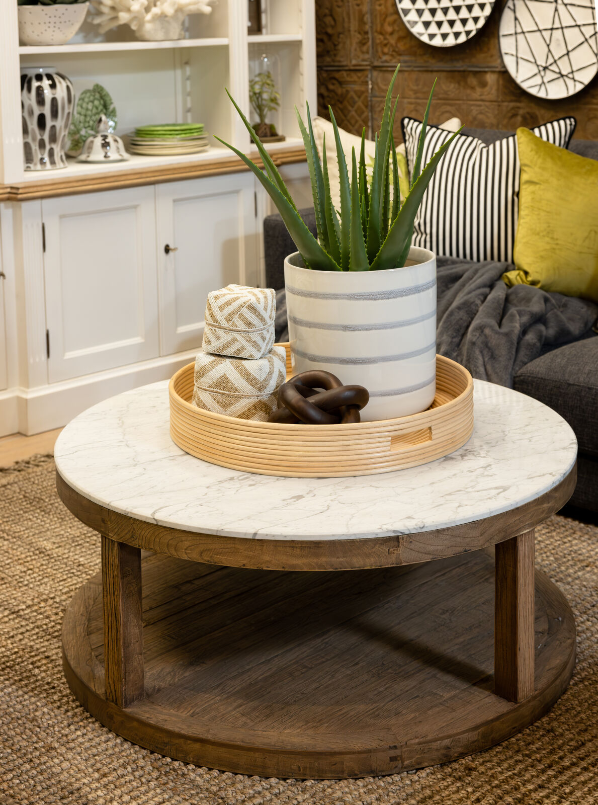 round oak coffee table with marble top 