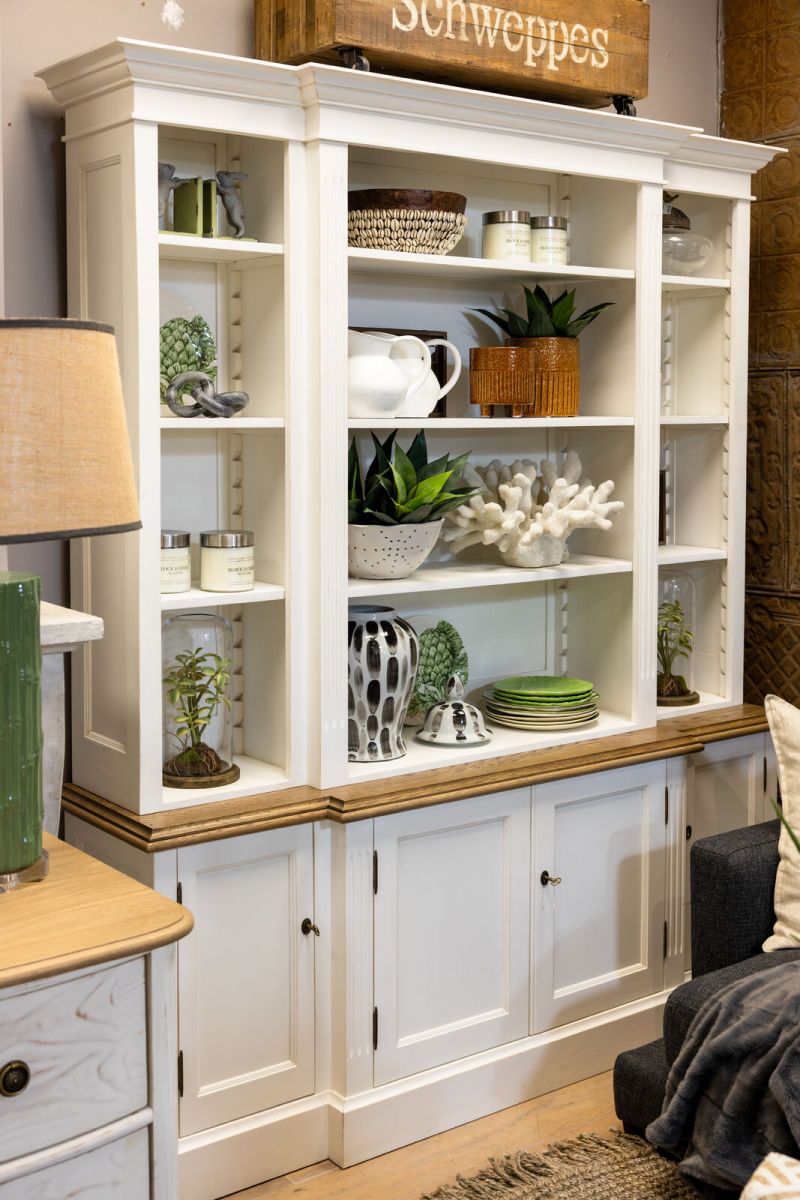 Ecs breakfront bookcase in antique white and weathered oak