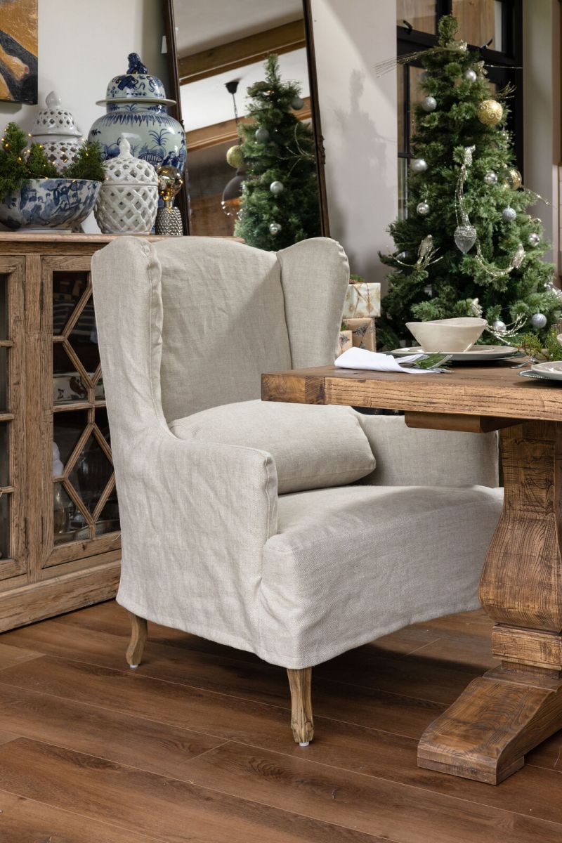 slipcover wingchair with oak legs