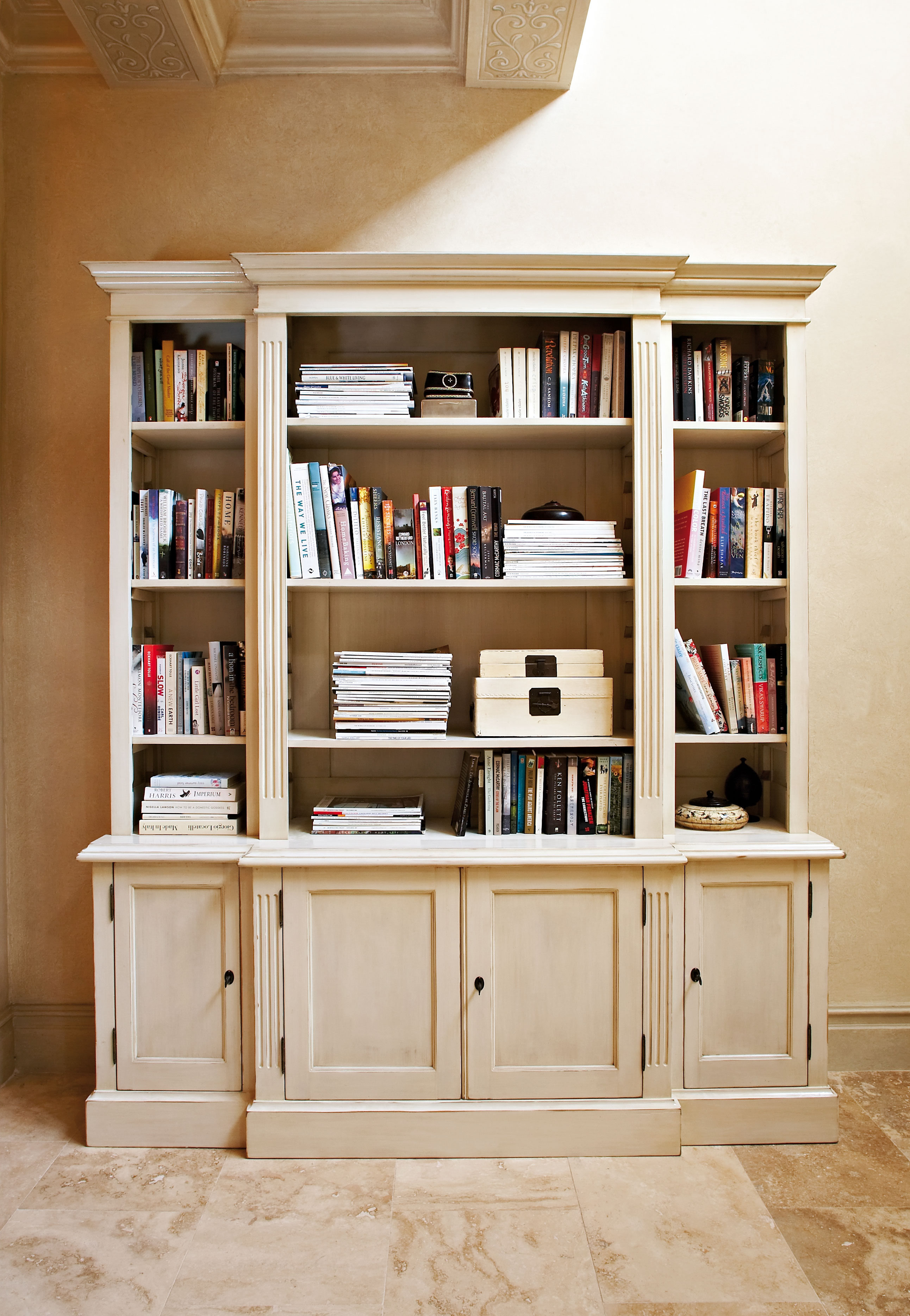 ECS breakfront bookcase in Biscuit and weathered oak 