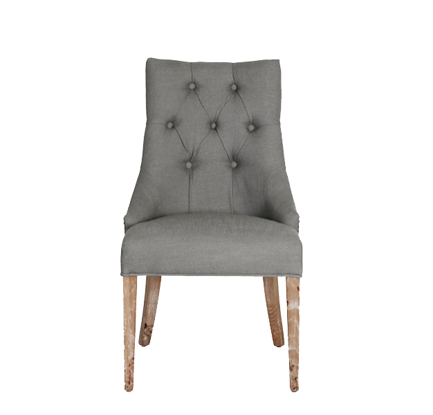 grey upholstered dining chair with buttoned back detail oak legs Château Collection