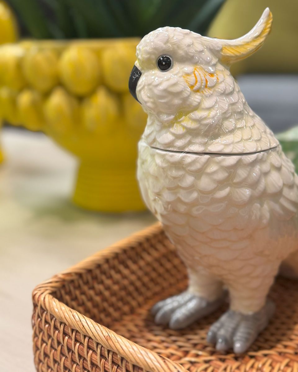 white ceramic white parrot with removeable lid