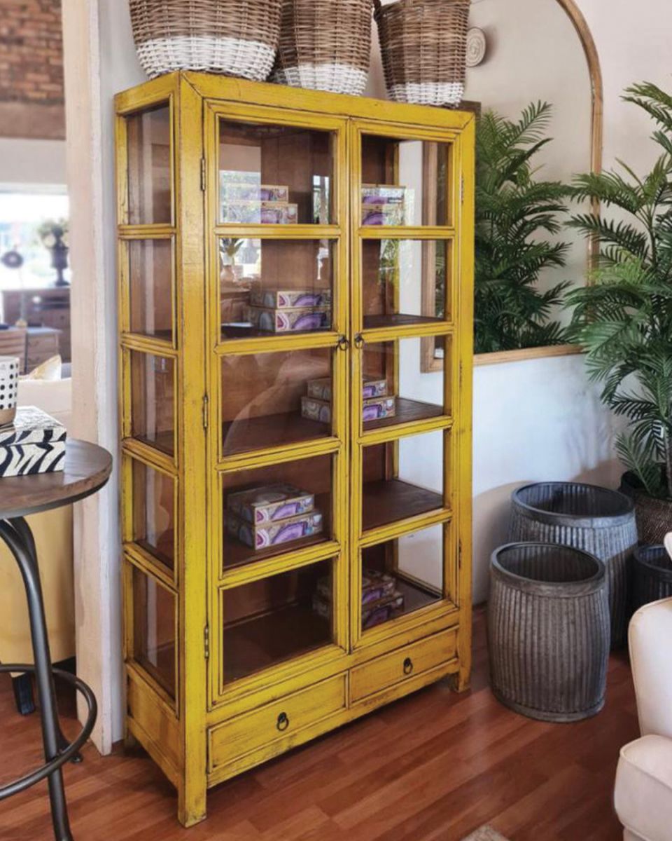 Painted cabinet with glass doors and drawers