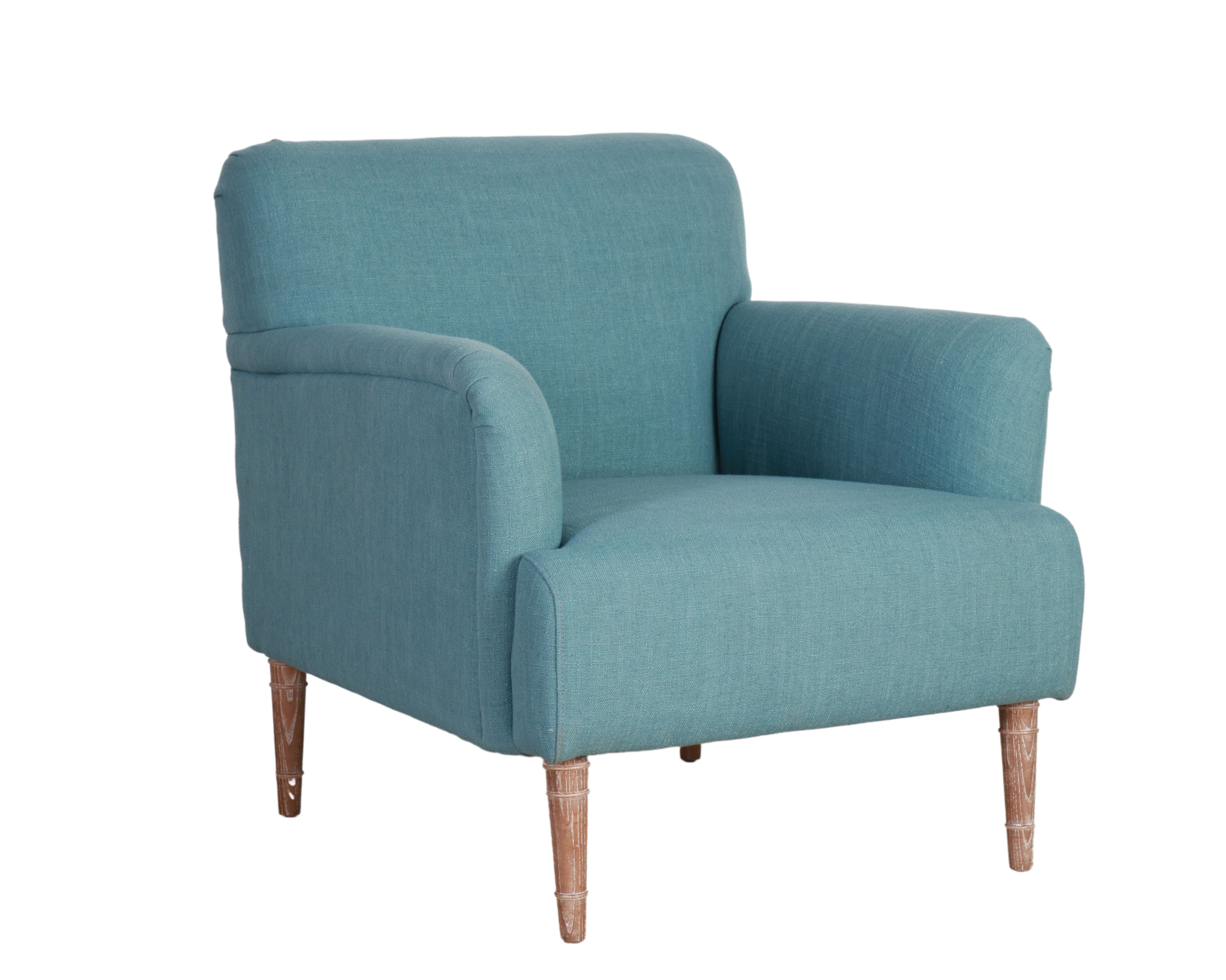 teal upholstered armchair with oak legs