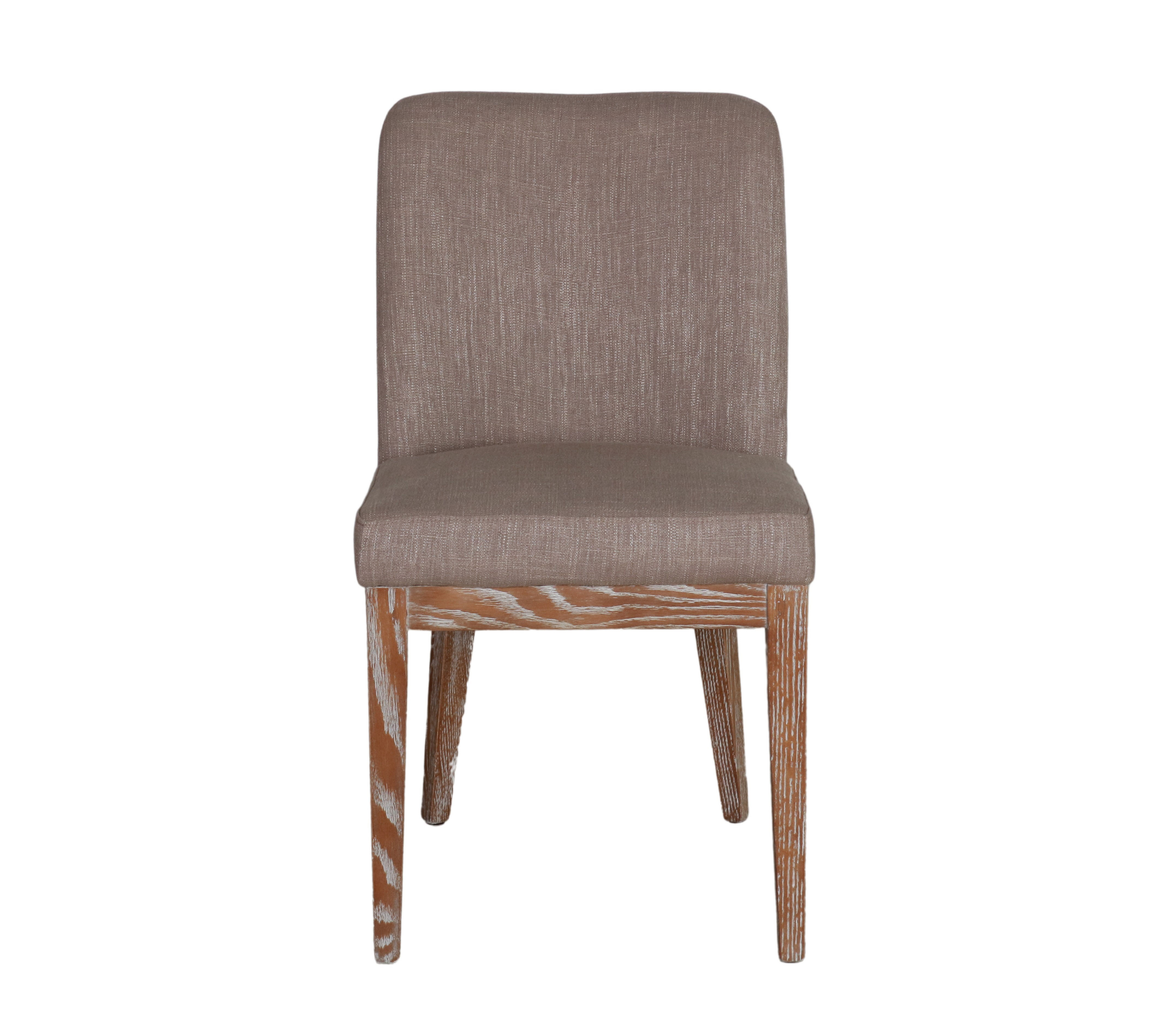 upholstered taupe dining chair with oak legs