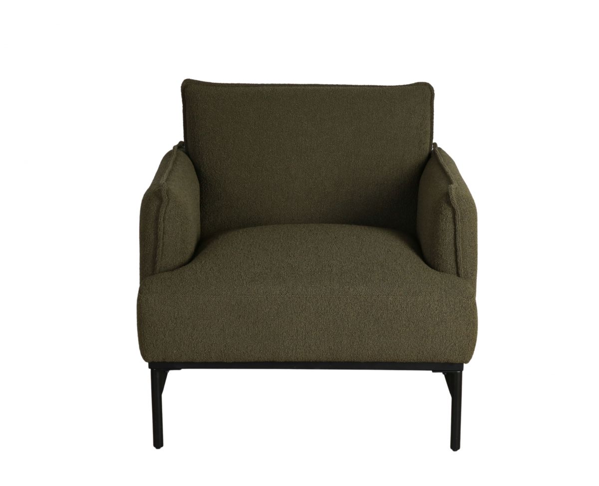 Dark green upholstered armchair with metal legs