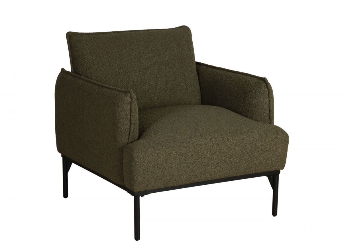 Dark green upholstered armchair with metal legs