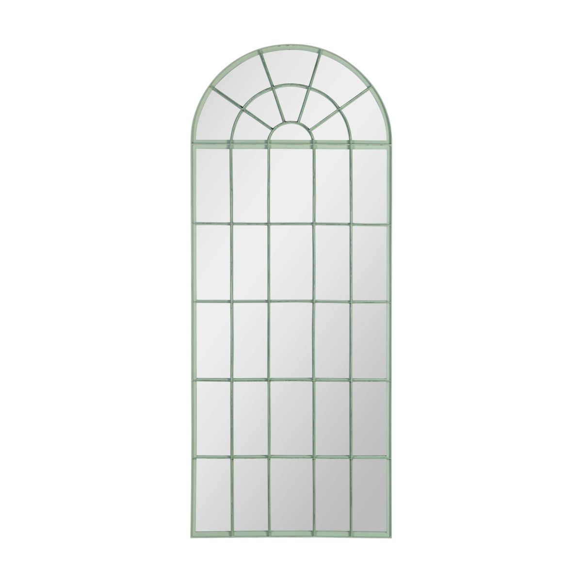 green metal arched standing mirror