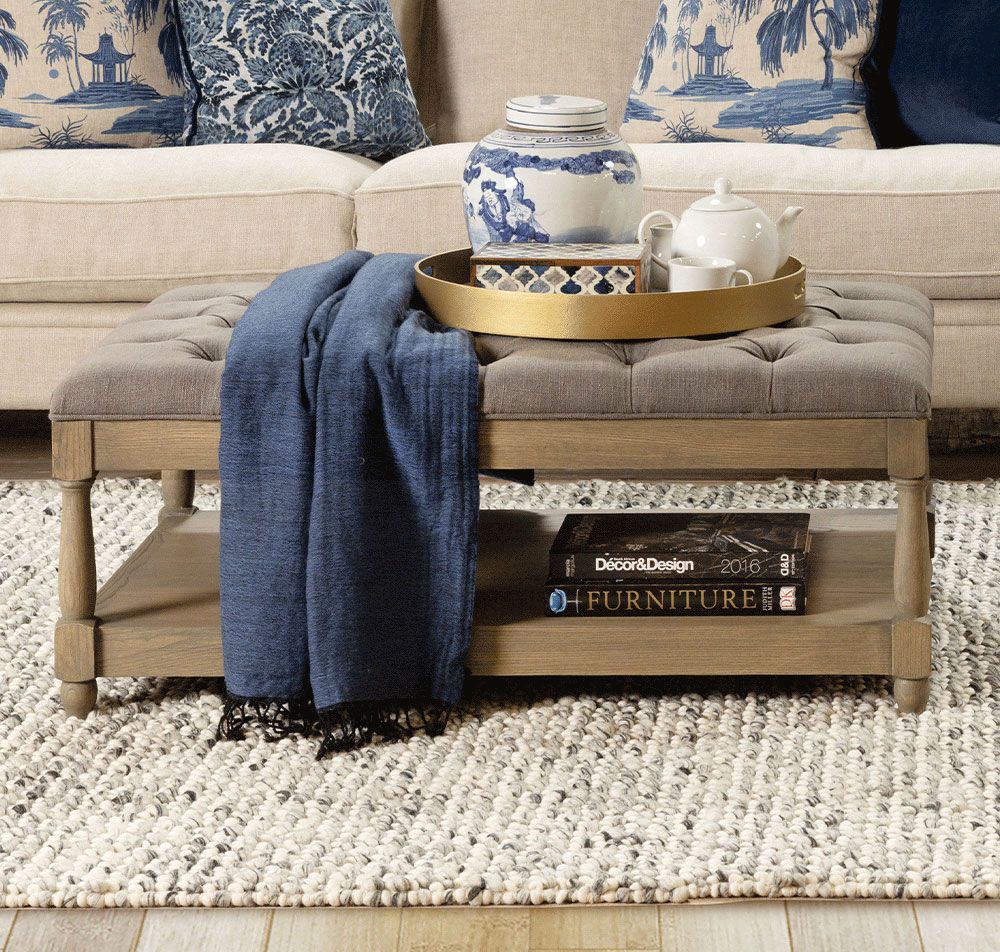 grey deep buttoned ottoman with wooden base Château Collection 