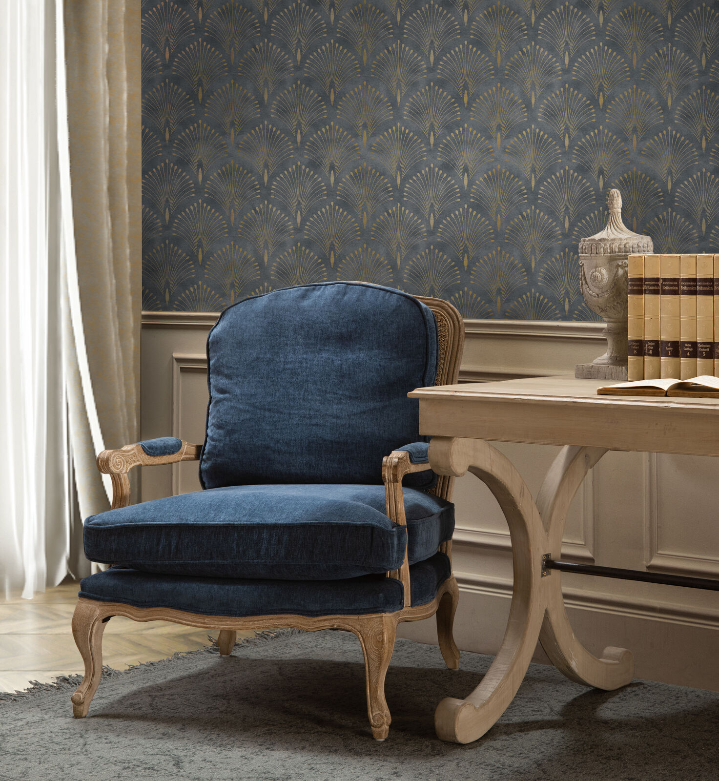 blue velvet Bodine armchair with oak frame Chateau collection