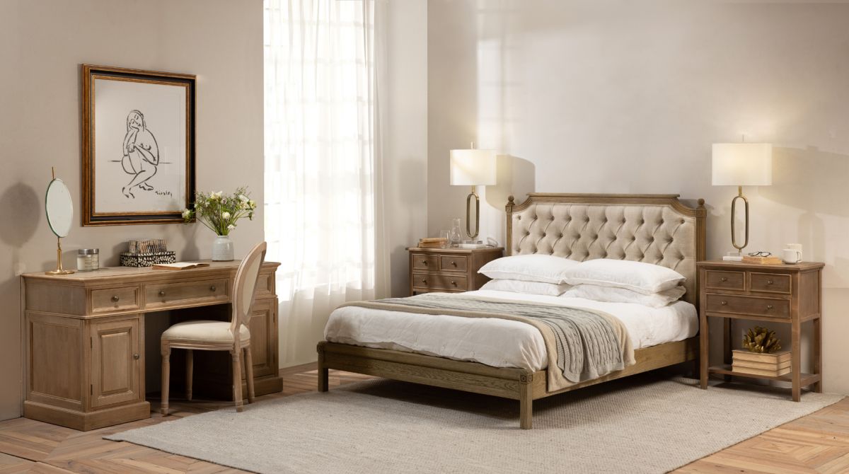 French style bed upholstered in linen King and queen