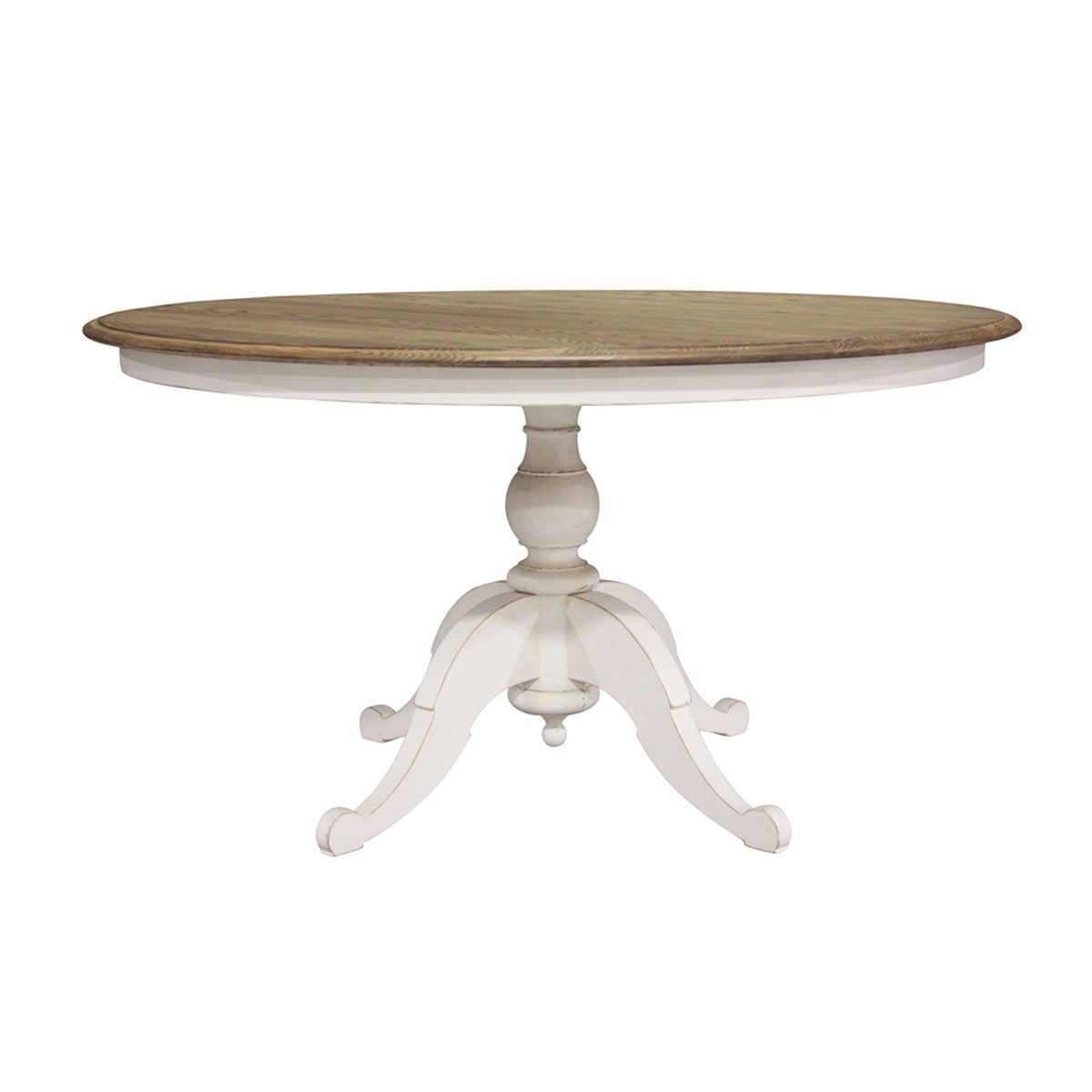 Block & Chisel round weathered oak table with antique white base