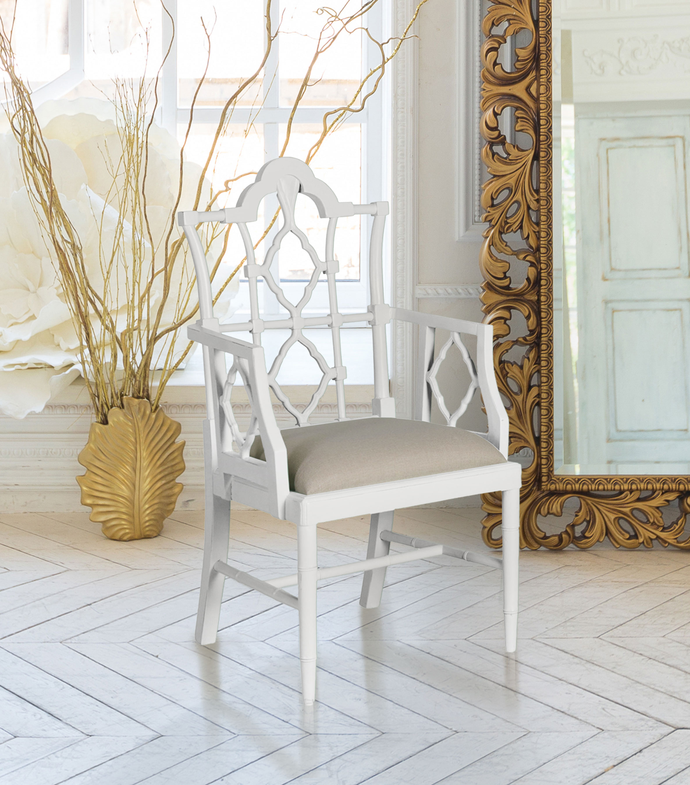 white painted armchair with beige seat