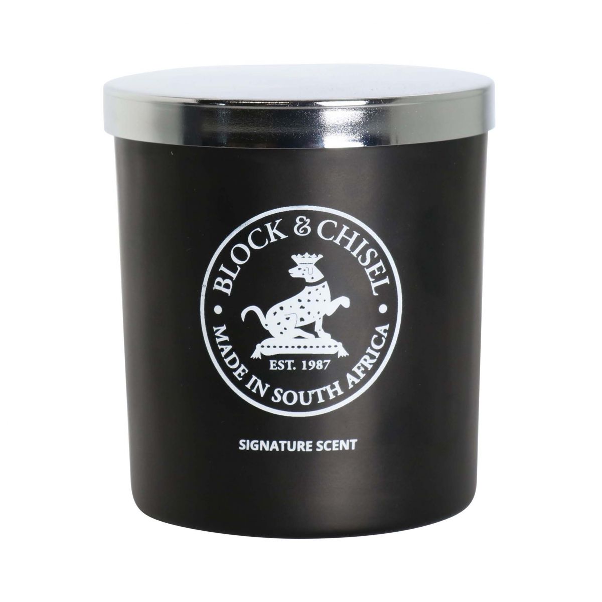 Block & Chisel signature scent mat black candle glass container with silver lid