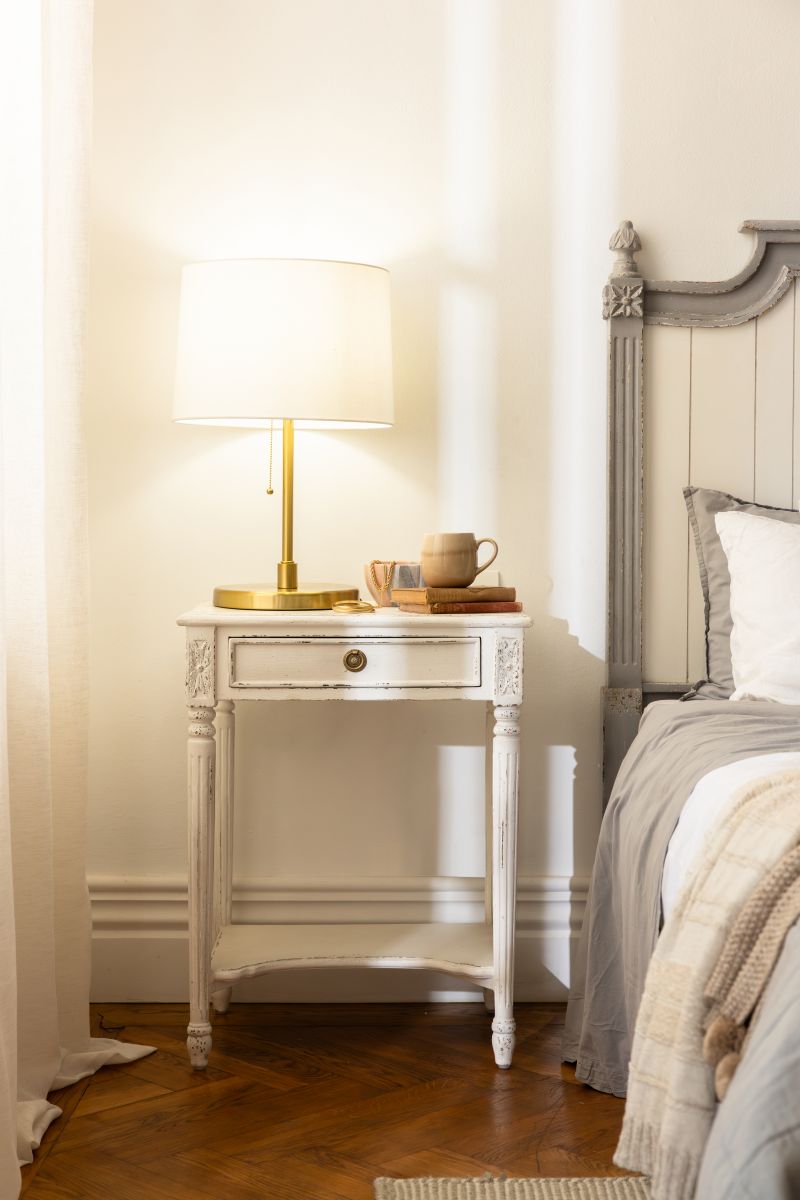 Block and chisel french style bedside table with shelf 