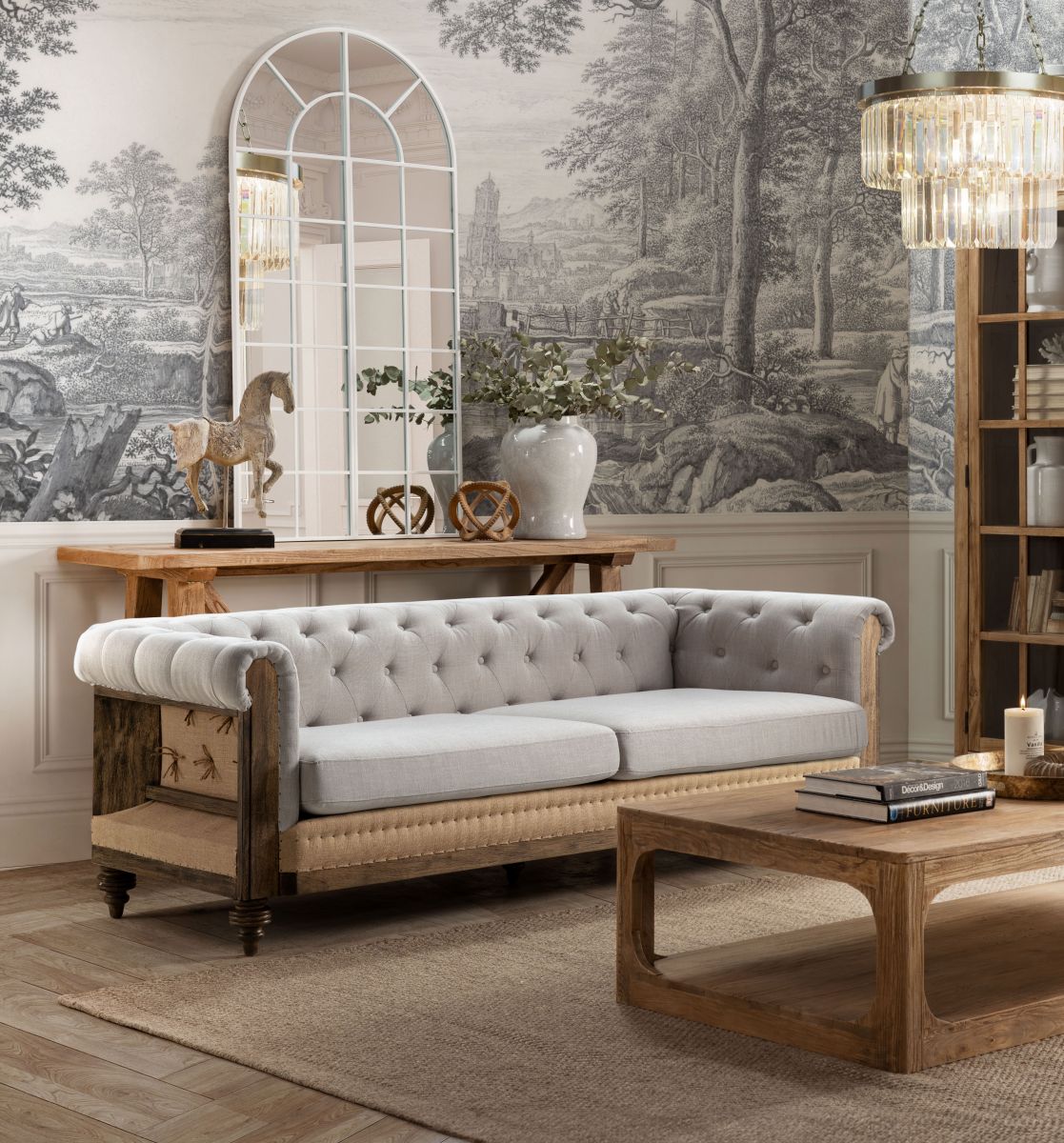 deconstructed chesterfield style sofa with wooden frame