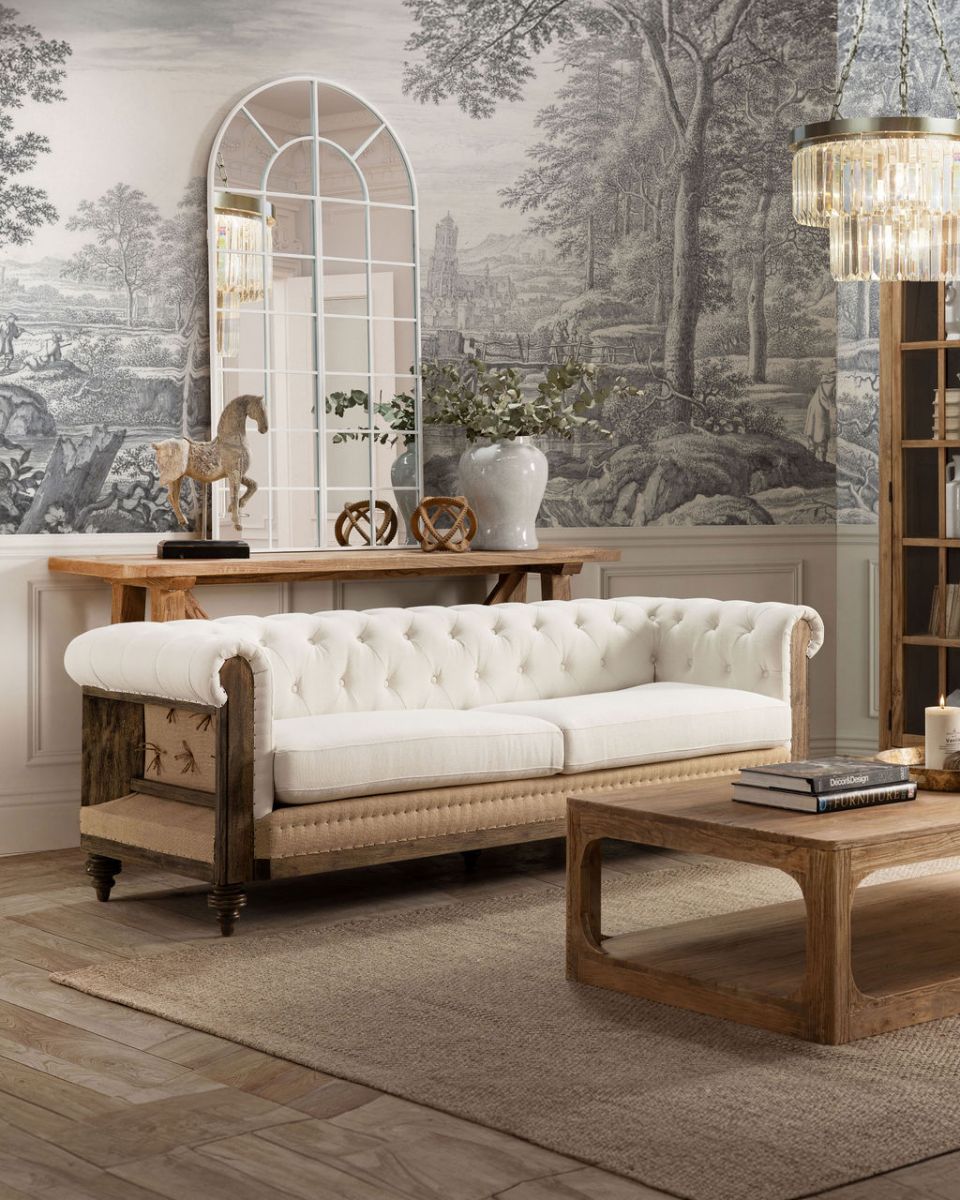deconstructed chesterfield style sofa with wooden frame