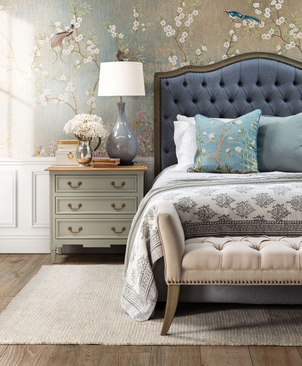 Block & Chisel grey button tufted king size headboard with oak wood frame Château collection